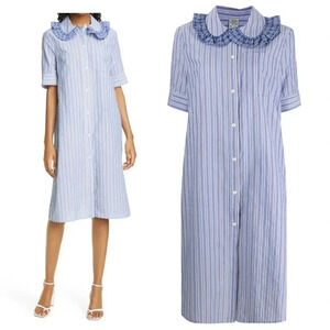 NWOT $293 Baum Und Pferdgarten Ahjah Stripe & Plaid Ruffle Collared Dress